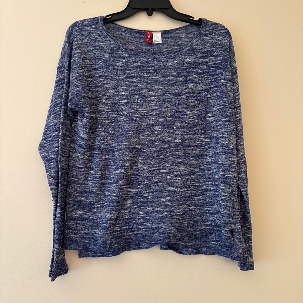 H&M Divided Blue Marled Oversized Long Sleeve Pocket Tee Medium Side Slit